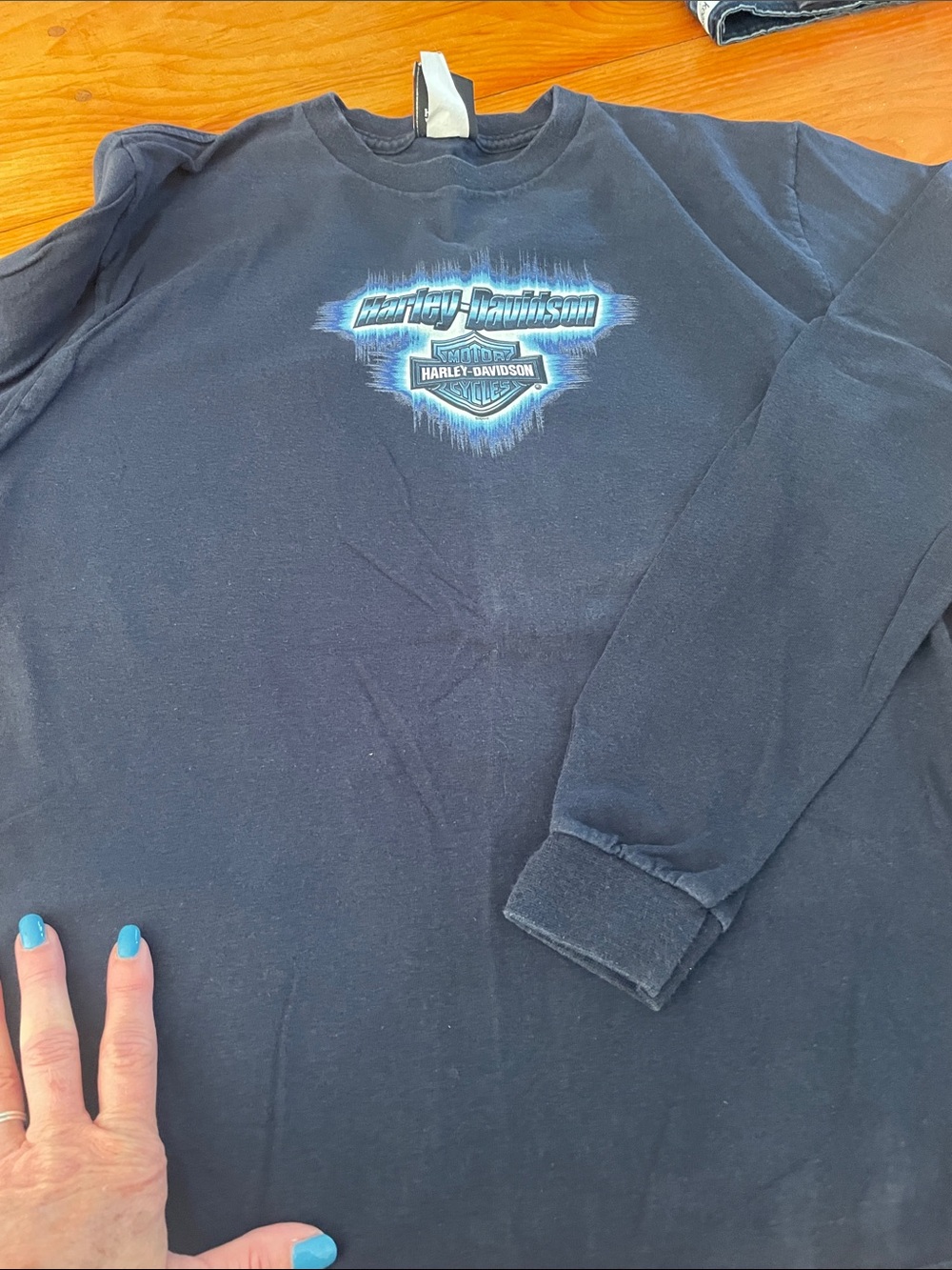Harley-Davidson Black Tee with Blue and White Shield Graphic